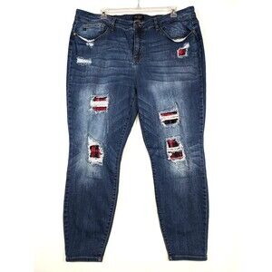 Judy Blue Womens 24W Skinny Fit Jeans Blue Medium Wash Denim Buffalo Plaid Patch